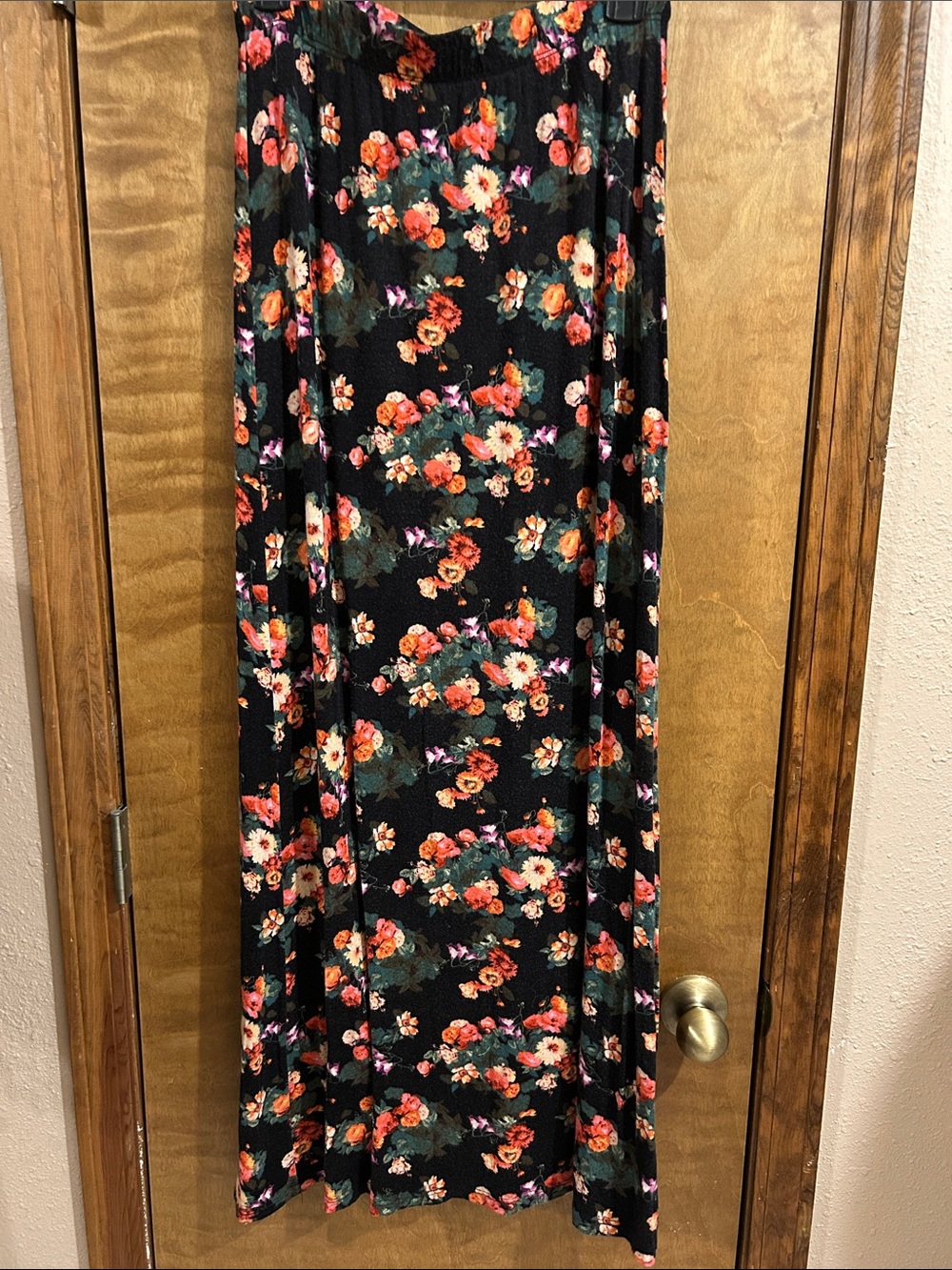 Floral Black Maxi Skirt with Orange and Pink Blooms- Excellent Condition